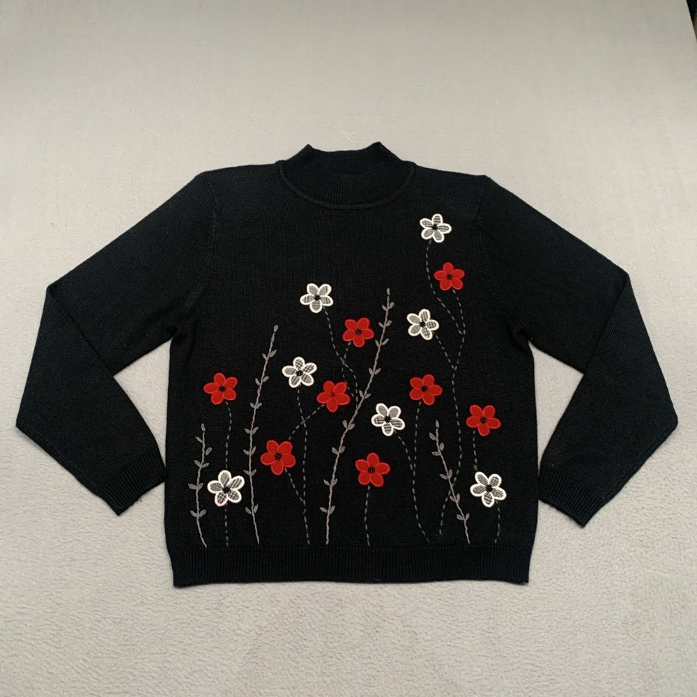 VTG 80s Alfred Dunner Sweater Petite L Floral Embroidered Knit Black Cottagecore